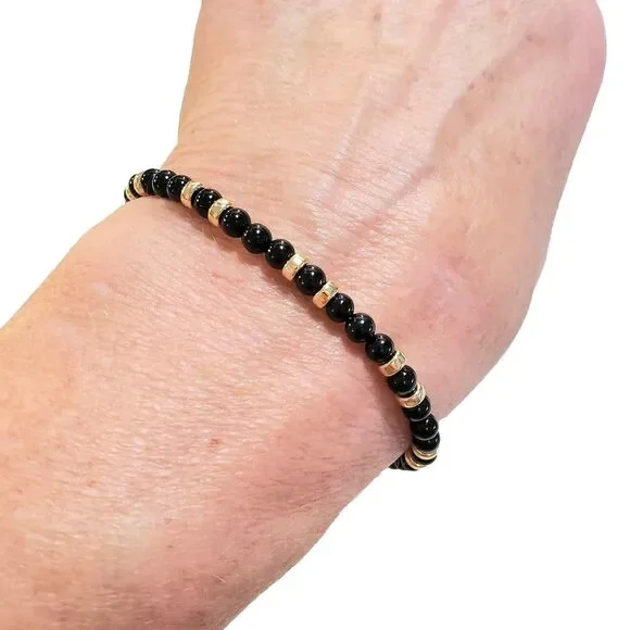 Onyx 4mm 14k Solid Yellow or Rose Gold Lobster or Stretchy Bead Bracelet